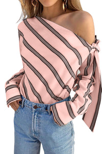 Tied Shoulder Blouse | Pink Striped Asymmetric Top