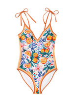 Load image into Gallery viewer, Orange Fruit Plant Print Tied Straps V Neck One Piece Swimsuit | Swimwear/One Piece Swimsuit
