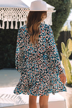 Load image into Gallery viewer, Bubble Sleeve Dress | Blue Leopard Print Ruffled Shirt Dress
