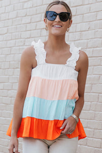 Tank Top | White Frill Straps Color Block Tiered Blouse