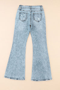 Sky Blue Subtle Ripped Detail Flare Bottom Jeans | Bottoms/Jeans