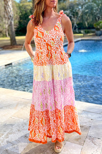 Maxi Dress | Orange Leopard Color-Block Dress