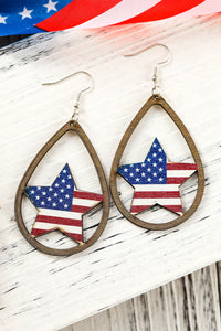 Wood Drop Earrings | Fiery Red American Flag Heart Shape