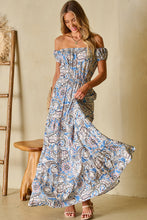 Load image into Gallery viewer, Blue Boho Paisley Print Off Shoulder Maxi Dress | Dresses/Floral Dresses
