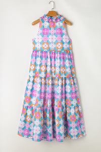 Maxi Dress | Blue Floral Print Frilly Neck Sleeveless Dress