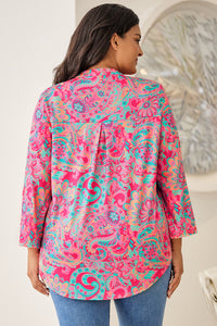 Rose Plus Size Paisley Print V Neck Roll Tab Sleeve Blouse | Plus Size/Plus Size Tops/Plus Size Blouses & Shirts