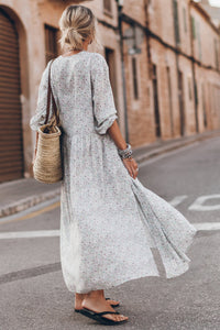 Multicolor Printed Tie V Neck Loose Long Sleeve Split Dress | Dresses/Maxi Dresses