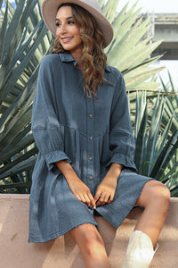 Sail Blue 3/4 Ruffled Sleeve Buttoned Crinkled Shirt Dress | Dresses/Mini Dresses