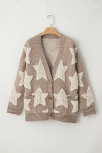 Khaki Star Pattern Winter Sweater with Pockets