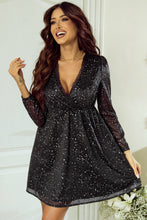 Load image into Gallery viewer, Black Mini Dress | Black Glitter V Neck Long Sleeve Dress
