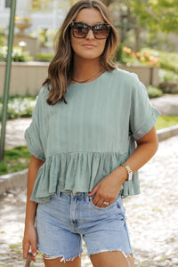 Laurel Green Textured Ruffled Hem Short Sleeve Blouse | Tops/Blouses & Shirts