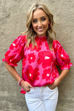 Load image into Gallery viewer, Puff Sleeves Top | Rose Floral Frill Neckline Blouse
