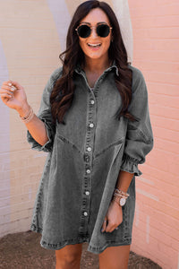 Denim Mini Dress | Gray Buttoned Long Sleeve