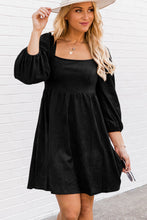 Load image into Gallery viewer, Black Suede Square Neck Puff Sleeve Dress
