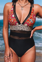 Load image into Gallery viewer, Floral Splicing Leopard Print Color Block Mesh One Piece Swimsuit | Swimwear/One Piece Swimsuit
