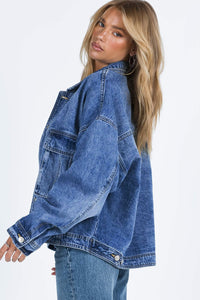 Loose Denim Jacket | Blue Chest Pockets Drop Shoulder Jacket