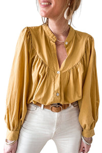 Puff Sleeve Top | Yellow Pleated Loose Shirt