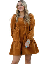 Load image into Gallery viewer, Chestnut Square Neck Puff Sleeve Tiered Corduroy Mini Dress
