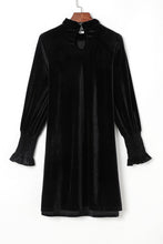 Load image into Gallery viewer, Black Velvet Frill Neck Long Sleeve Shift Dress | Dresses/Mini Dresses
