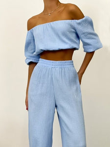 Top & Pants Set | Off Shoulder Long Sleeve Pants Set