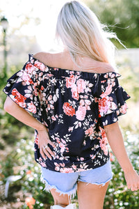 Blue Ruffle Off Shoulder Flounce Sleeve Floral Blouse | Tops/Blouses & Shirts