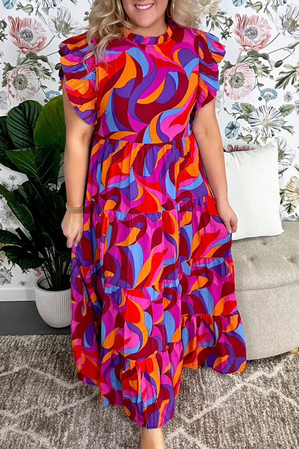 Multicolour Plus Abstract Print Ruffled Mock Neck Tiered Maxi Dress | Plus Size/Plus Size Dresses/Plus Size Maxi Dresses