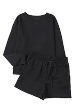 Load image into Gallery viewer, Drawstring Shorts Set | Black Textured Long Sleeve Top Shorts
