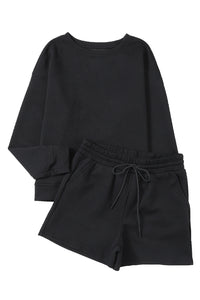 Drawstring Shorts Set | Black Textured Long Sleeve Top Shorts