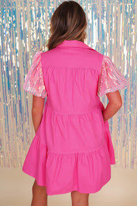 Bubble Sleeve Dress | Sequined Sleeve Ruffled Shirt Dress