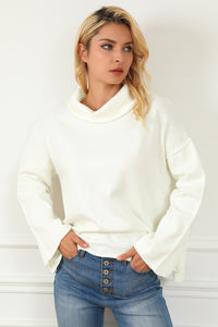 White Expose Seam Turtle Neck Side Slit Oversized Sweater | Tops/Sweaters & Cardigans