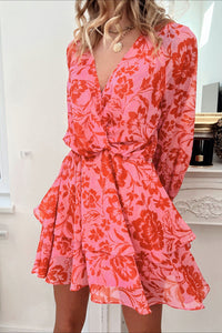 Fiery Red Floral Ruffle Layered Puff Sleeve Surplice Dress | Dresses/Floral Dresses