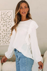 White Lace Eyelet Ruffle Shoulder Long Sleeve Blouse | Tops/Blouses & Shirts