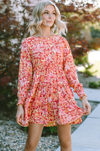 Printed Floral Long Sleeve Frill Tiered Mini Dress