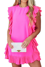 Load image into Gallery viewer, Bright Pink Solid Ruffled Edge Keyhole Back Mini Dress
