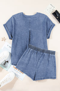 Blue Denim Shorts Set | Cuffed Sleeve Tee Elastic Shorts Set