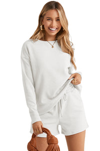 Drawstring Shorts Set | White Textured Long Sleeve Top