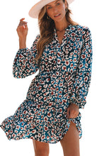 Load image into Gallery viewer, Bubble Sleeve Dress | Blue Leopard Print Ruffled Shirt Dress
