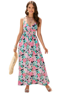 Green Sling V-Neck Elastic Waist Floral Maxi Dress | Dresses/Maxi Dresses