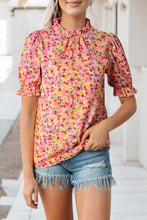 Load image into Gallery viewer, Orange Boho Floral Ruffle Short Sleeve Frill Mock Neck Blouse | Tops/Blouses &amp; Shirts
