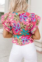 Load image into Gallery viewer, Multicolor Vibrant Floral Print Trimmed Ruffle Sleeve Blouse | Tops/Blouses &amp; Shirts
