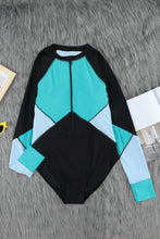 Load image into Gallery viewer, Green  Color Block Zipper Long Sleeve Rash Guard Swimwear
