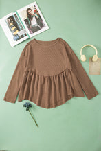 Load image into Gallery viewer, Brown Solid Color Ribbed Long Sleeve Peplum Blouse
