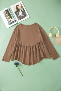 Brown Solid Color Ribbed Long Sleeve Peplum Blouse