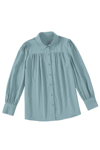 Sky Blue Solid Color Button Up Puff Sleeve Blouse | Tops/Blouses & Shirts