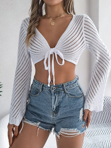 Swimsuit Cover Up | Openwork Tied Long Sleeve Knit