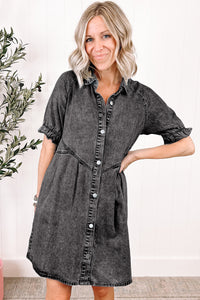 Denim Dress | Medium Grey Mineral Wash Ruffled Short Sleeve