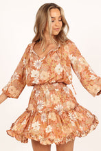 Load image into Gallery viewer, Camel Lace up Split Neck Tunic Floral Dress | Dresses/Floral Dresses
