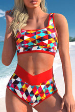 Load image into Gallery viewer, Fiery Red 2pcs Geometric Print Notch High Waisted Bikini | Swimwear/High Waisted Swimsuit
