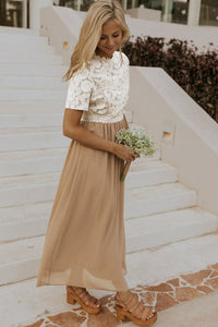 Chiffon Long Dress | Clay Lace Short Sleeve Bodice Dress