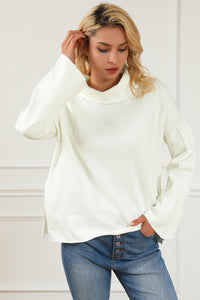 White Expose Seam Turtle Neck Side Slit Oversized Sweater | Tops/Sweaters & Cardigans